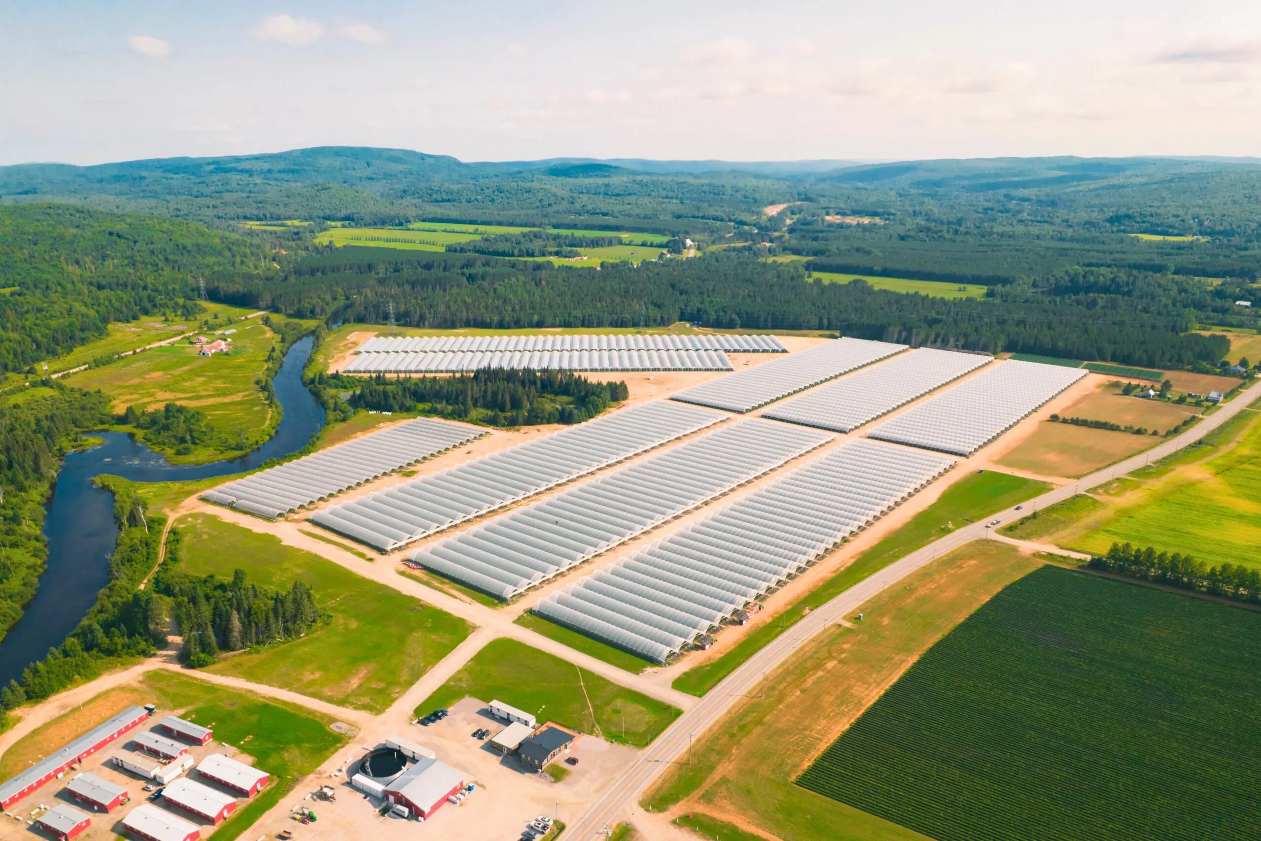 Aerial view of large greenhouse complexes surrounded by green fields, forests, a winding river, and scattered buildings under a clear sky in a rural landscape.