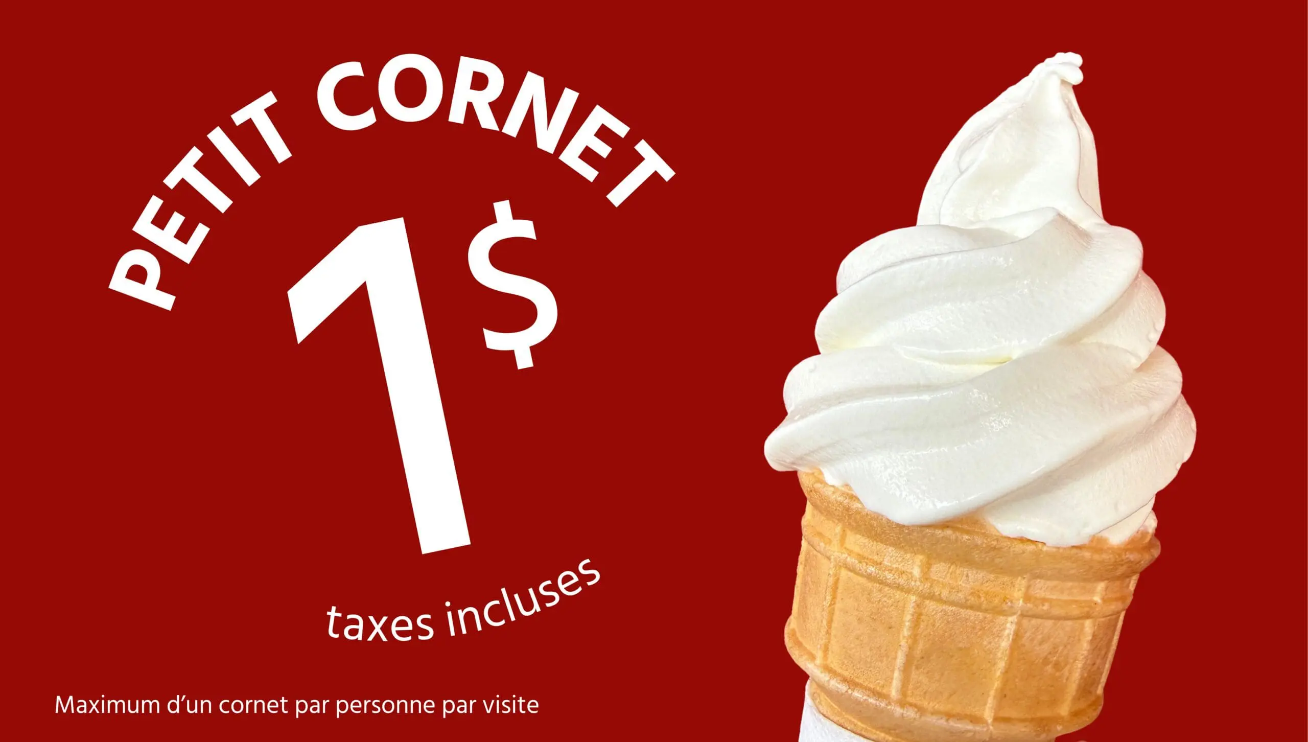 Un cornet de crème glacée à la vanille sur fond rouge avec un texte en gras : 