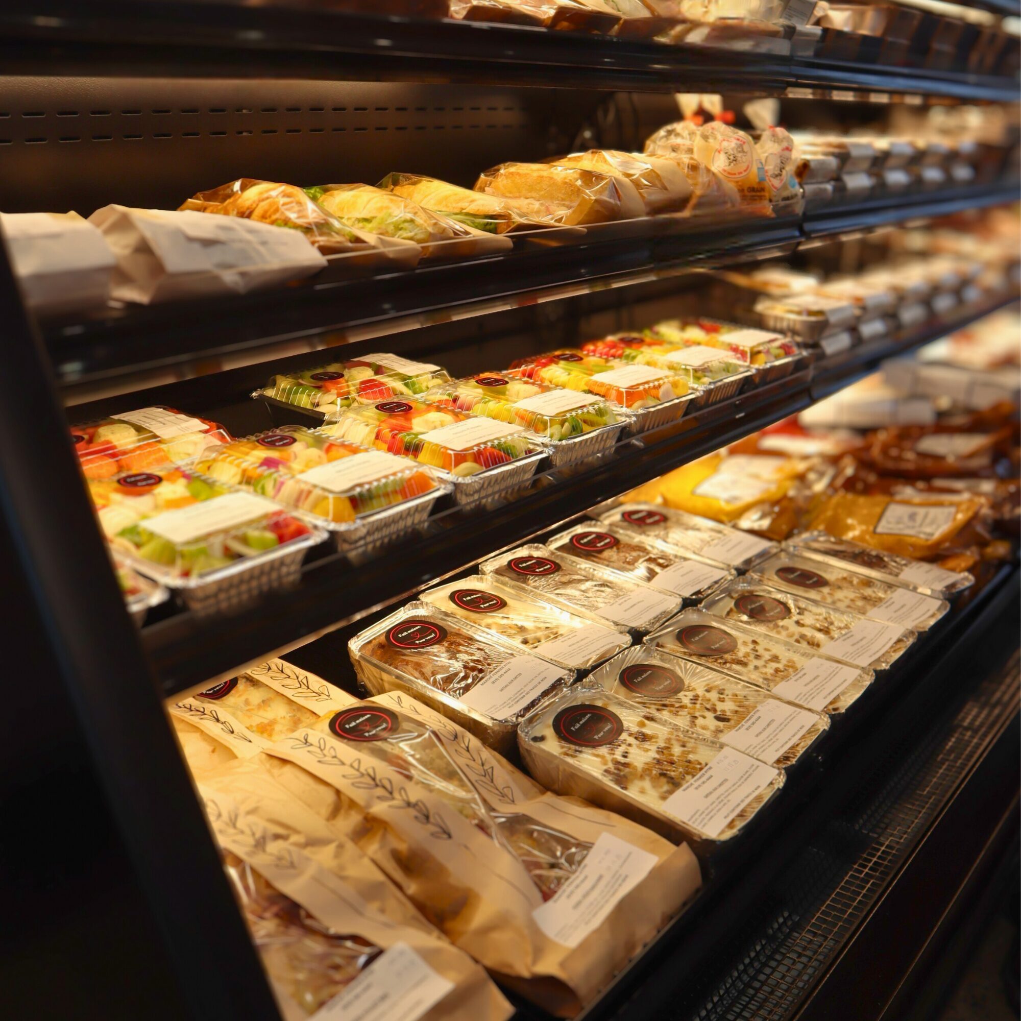 Une vitrine réfrigérée remplie de produits de boulangerie emballés, y compris des gâteaux, des pâtisseries et des pains, disposés proprement sur des étagères dans une boulangerie ou un café.